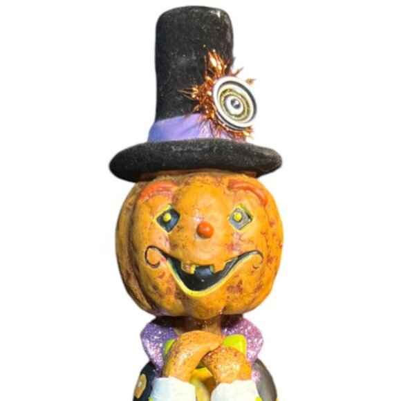 Folk Art Pumpkin Figurine Halloween Flocked Hat Whimsical Suit 12.5" tall x 6" d - Picture 4 of 16